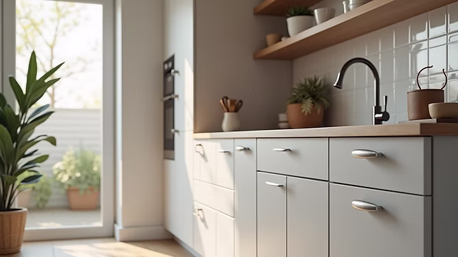 Modern kitchen with light gray cabinets, wooden countertops, and open shelves holding plants and dishes—perfect inspiration for your Pensacola remodeling or kitchen remodel project. Sunlight streams in from a glass door, highlighting lush greenery outside.
