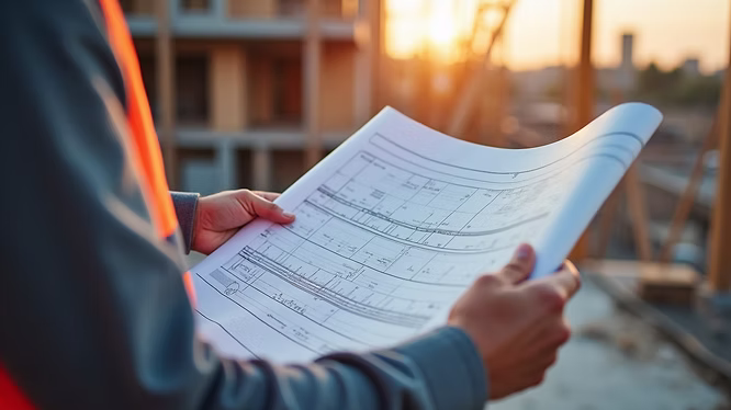 A person in a construction vest holds architectural blueprints at a building site during sunset, with blurred construction materials and structures in the background, capturing the essence of home construction and remodeling in Pensacola.