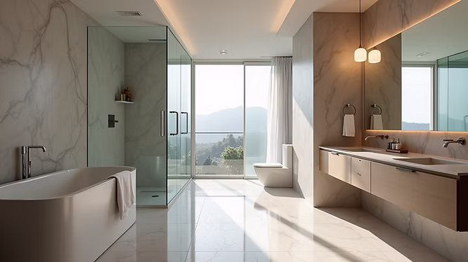 Modern bathroom by a general contractor Pensacola, featuring a freestanding bathtub, glass shower, floating double vanity, large mirror, and floor-to-ceiling window with mountain views. Marble surfaces and soft lighting enhance this Pensacola remodeling space.