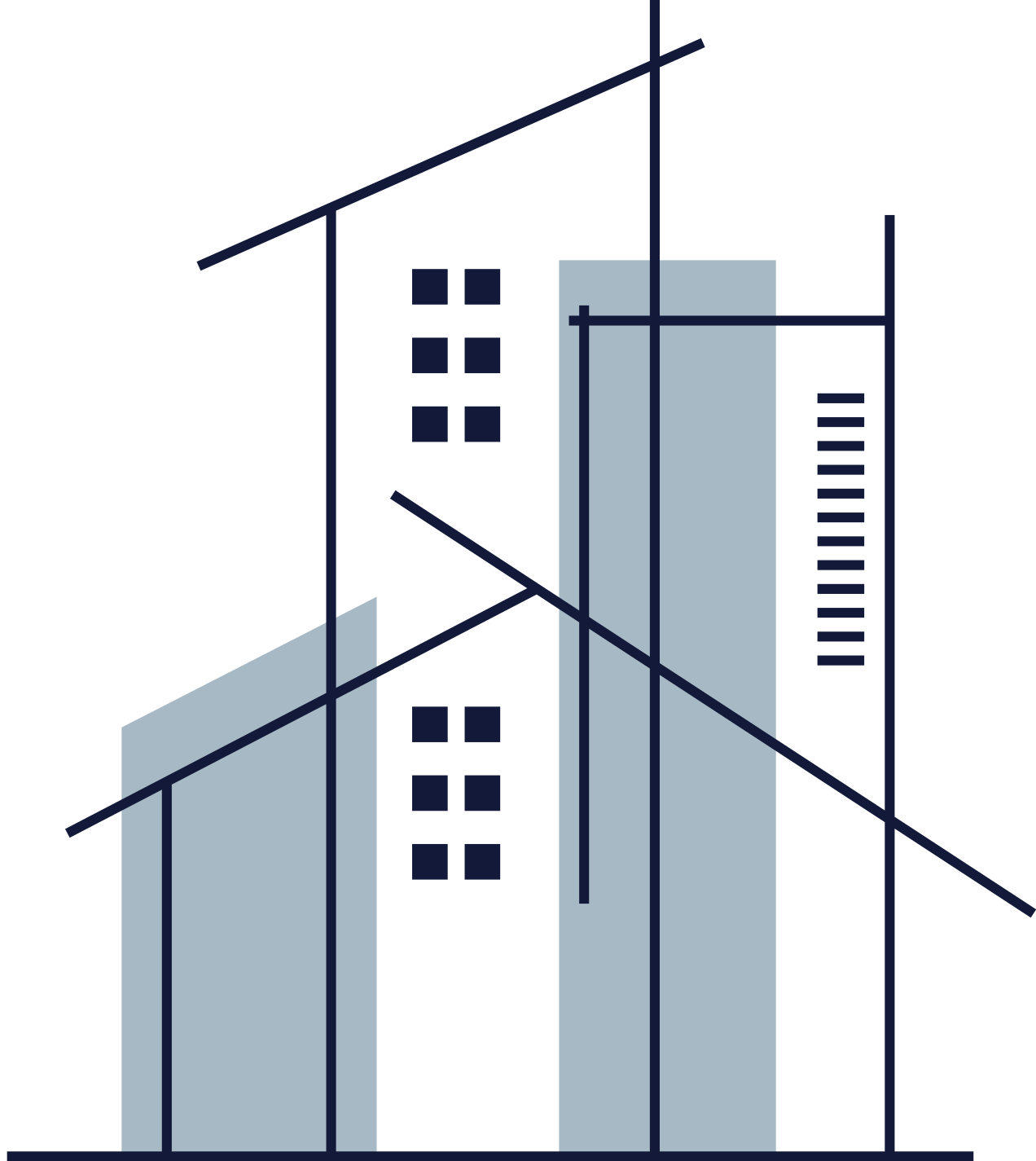 Minimalist line art illustration of buildings with intersecting dark lines and blue rectangles, evoking an abstract cityscape—perfect inspiration for Pensacola remodeling or a bathroom remodel. Clean, modern design on a light background.